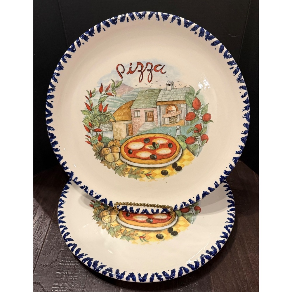 C.M.S Pizza Plates Plate Blue Trim Hand Painted Italy Villa Set of 2 NEW